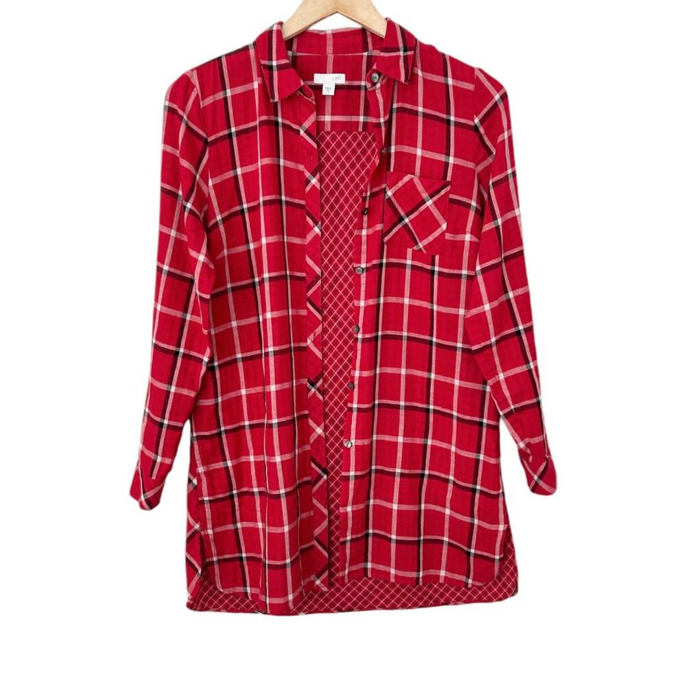 J. Jill Cotton Plaid Button Down Tunic Long Sleeve Shirt Dress (XS) - Picture 9 of 15
